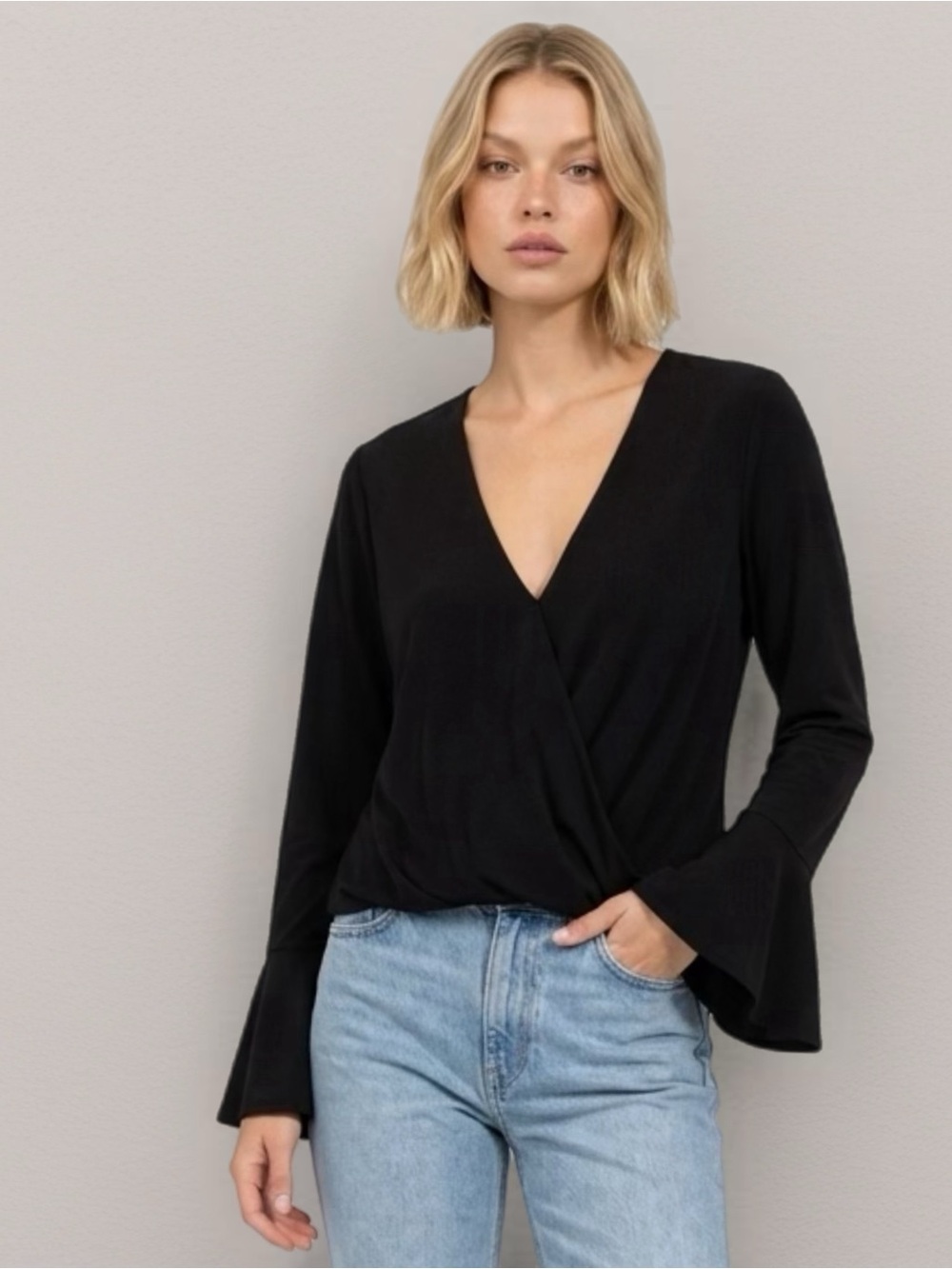 Veronica | Samuela Surplice Bell Sleeve Top | Black | Medium